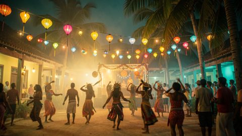 Ambiance festive en soirée en Outre-mer : lanternes et lumières tropicales éclairent une scène culturelle en plein air, avec des silhouettes de voyageurs et des danseurs aux mouvements vivants.