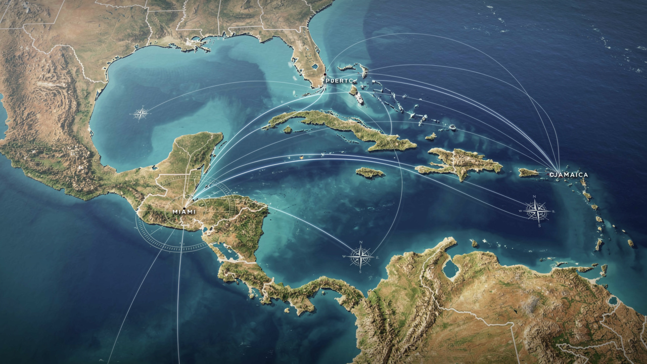Carte stylisée des itinéraires de croisière reliant Miami aux Bahamas, à la Jamaïque et à Porto Rico, illustrant des routes maritimes courbes sur l’océan.