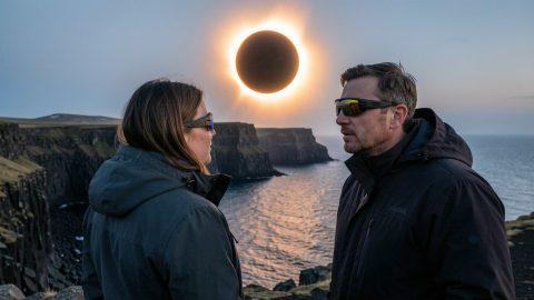 Une femme et un homme observent une éclipse solaire totale avec des lunettes de protection au-dessus d’une baie volcanique islandaise, dans la lumière froide de la fin d’après-midi.