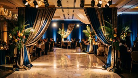 Salle d’événement élégante aux tons ultramarins, éclairage chaleureux et décor inspiré du voyage tropical et de la culture, compositions florales et drapés, ambiance de soirée.