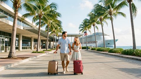 Un homme et une femme avançant avec leurs valises devant un terminal portuaire moderne de Miami, avec des palmiers et un grand paquebot au loin.