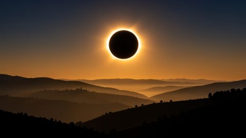 Éclipse solaire au coucher du Soleil au-dessus d’un plateau du nord-est du Portugal, avec des silhouettes de collines près de Bragança sous un ciel d’été aux tons ambrés et indigo.
