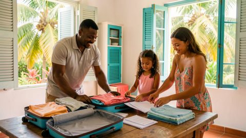 Famille préparant un échange de maison dans une villa créole, avec des valises et des documents vierges, devant une vue tropicale bordée de palmiers.