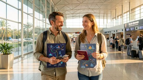 Deux voyageurs français dans un aéroport moderne tiennent leurs passeports et des téléphones affichant une carte d’arrivée numérique abstraite, dans une ambiance de départ vers une destination tropicale.