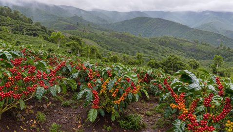 Caféière luxuriante sur les hauteurs de Basse-Terre en Guadeloupe, avec des caféiers couverts de cerises rouges sous une douce lumière tropicale.