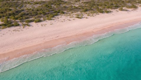 Vue aérienne réaliste d’une plage déserte de Barbuda avec du sable rose pâle, une eau turquoise, une végétation basse et une lumière douce des Caraïbes.